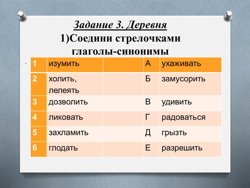 Задание 3. Деревня 1)Соедини стрелочками глаголы-синонимы 1 изумить