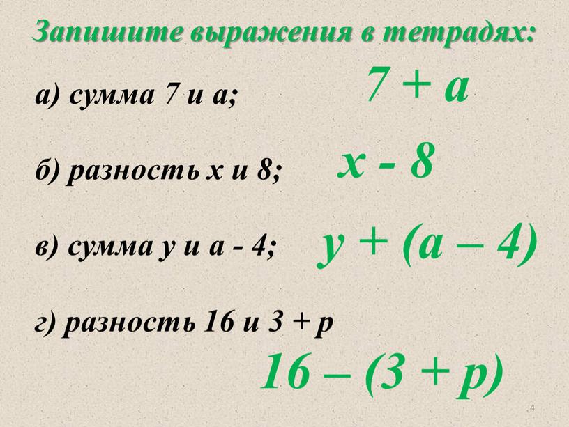 Запишите выражения в тетрадях: а) сумма 7 и а; б) разность х и 8; в) сумма у и а - 4; г) разность 16 и…