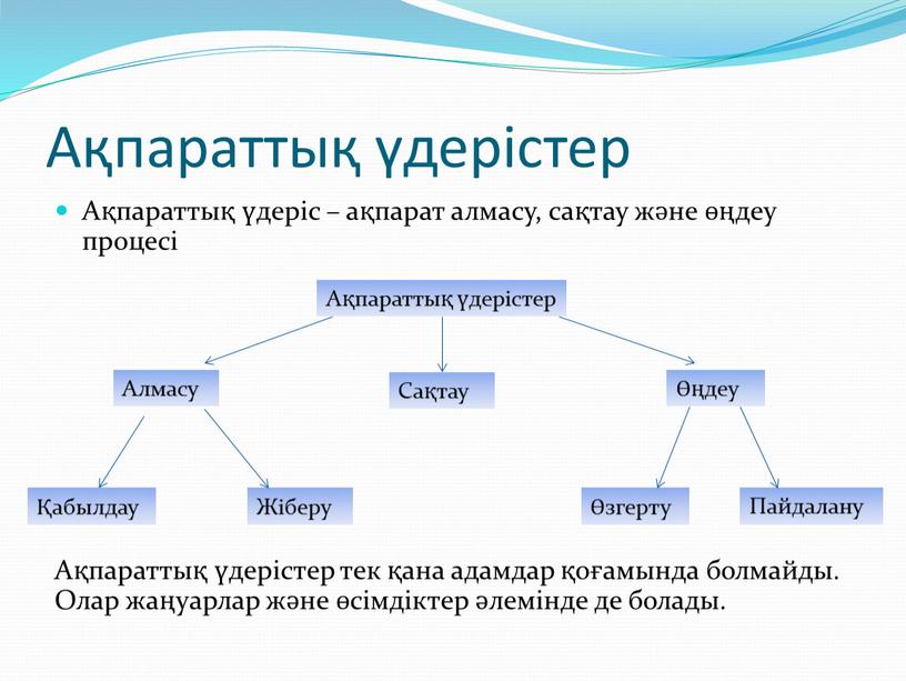 Ақпараттық үдерістер Ақпараттық үдеріс – ақпарат алмасу, сақтау және өңдеу процесі