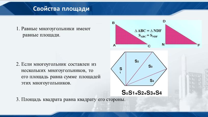 Свойства площади 1. Равные многоугольники имеют равные площади