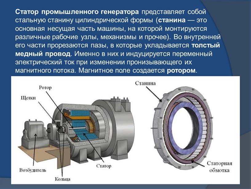 Статор промышленного генератора представляет собой стальную станину цилиндрической формы ( станина — это основная несущая часть машины, на которой монтируются различные рабочие узлы, механизмы и…