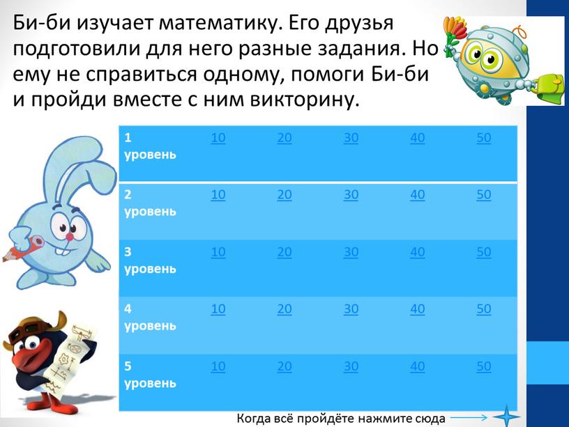 Би-би изучает математику. Его друзья подготовили для него разные задания