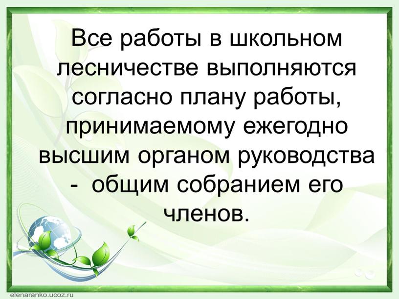 Все работы в школьном лесничестве выполняются согласно плану работы, принимаемому ежегодно высшим органом руководства - общим собранием его членов