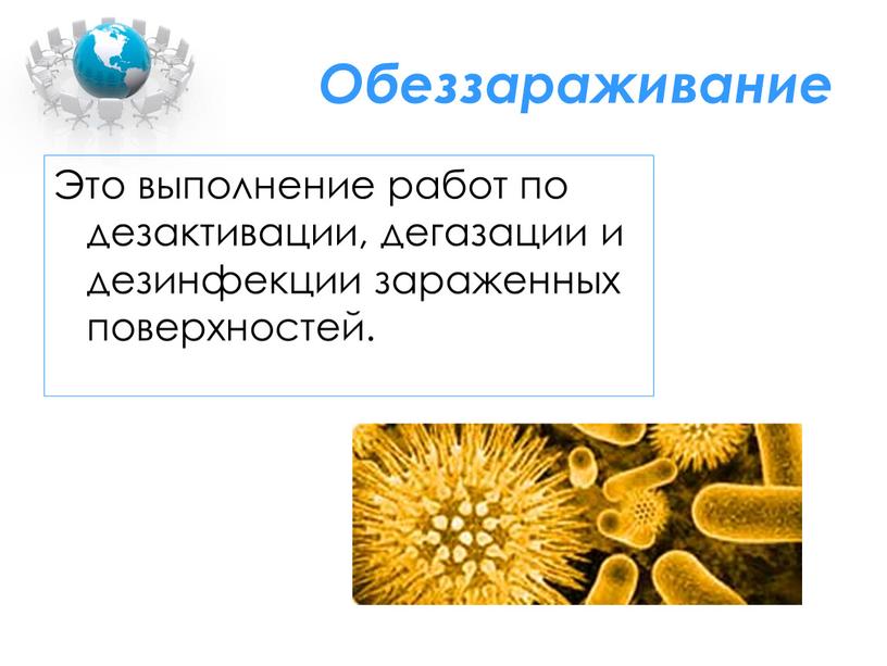 Обеззараживание Это выполнение работ по дезактивации, дегазации и дезинфекции зараженных поверхностей