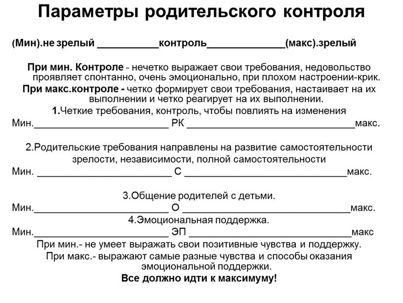 Параметры родительского контроля (Мин)