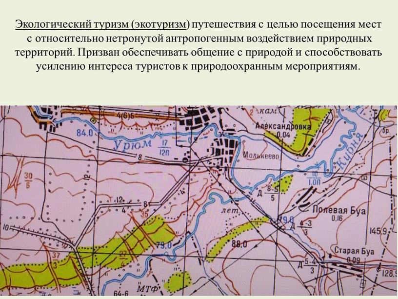 Экологический туризм (экотуризм ) путешествия с целью посещения мест с относительно нетронутой антропогенным воздействием природных территорий