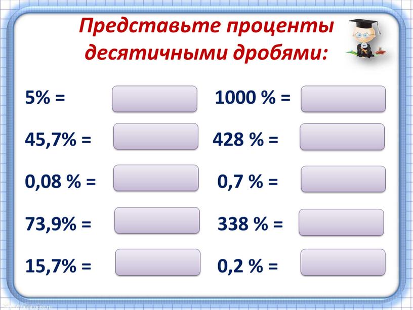 Представьте проценты десятичными дробями: 5% = 1000 % = 45,7% = 428 % = 0,08 % = 0,7 % = 73,9% = 338 % =…