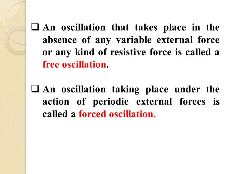 An oscillation that takes place in the absence of any variable external force or any kind of resistive force is called a free oscillation