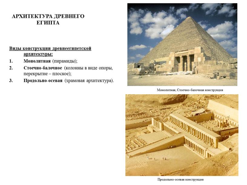АРХИТЕКТУРА ДРЕВНЕГО ЕГИПТА Виды конструкции древнеегипетской архитектуры: