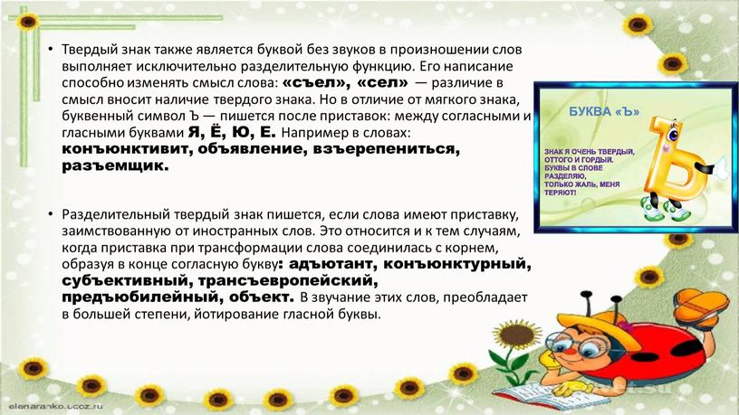 Твердый знак также является буквой без звуков в произношении слов выполняет исключительно разделительную функцию