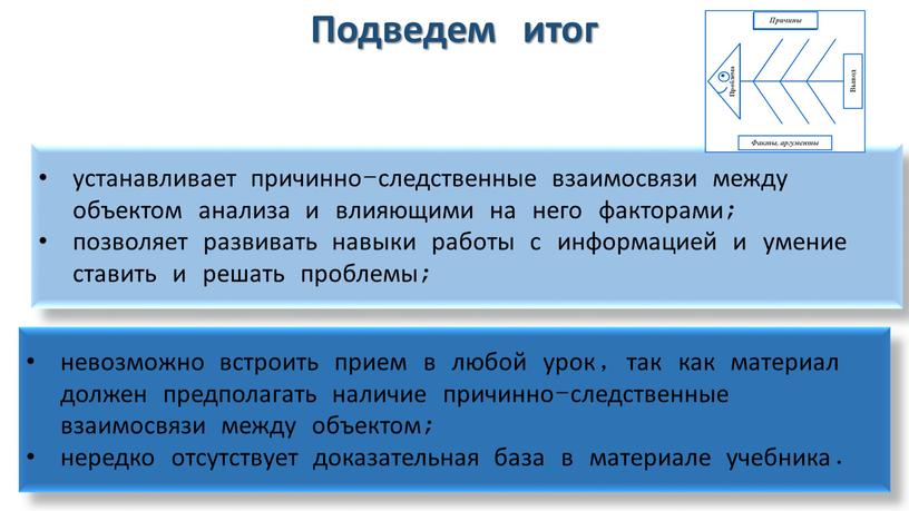 Подведем итог устанавливает причинно-следственные взаимосвязи между объектом анализа и влияющими на него факторами; позволяет развивать навыки работы с информацией и умение ставить и решать проблемы;…