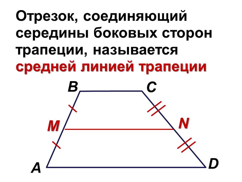 Отрезок, соединяющий середины боковых сторон трапеции, называется средней линией трапеции