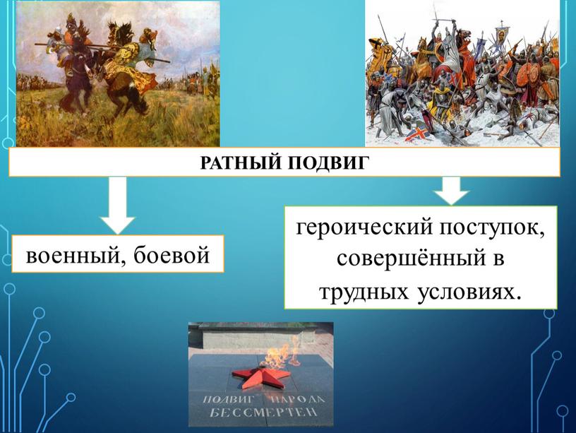 РАТНЫЙ ПОДВИГ военный, боевой героический поступок, совершённый в трудных условиях