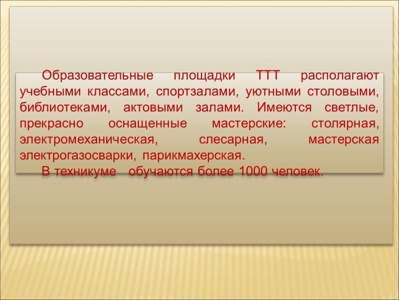 Образовательные площадки ТТТ располагают учебными классами, спортзалами, уютными столовыми, библиотеками, актовыми залами