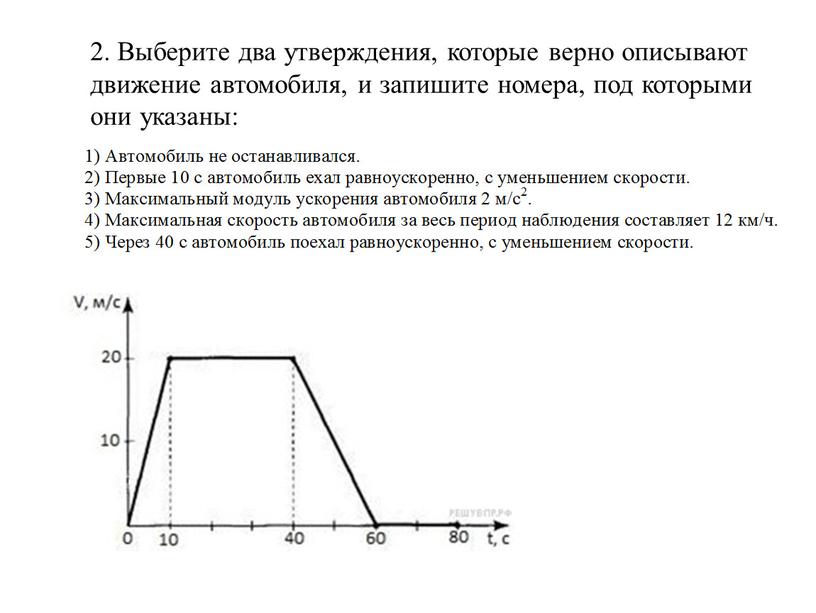 Выберите два утверждения, которые верно описывают движение автомобиля, и запишите номера, под которыми они указаны: