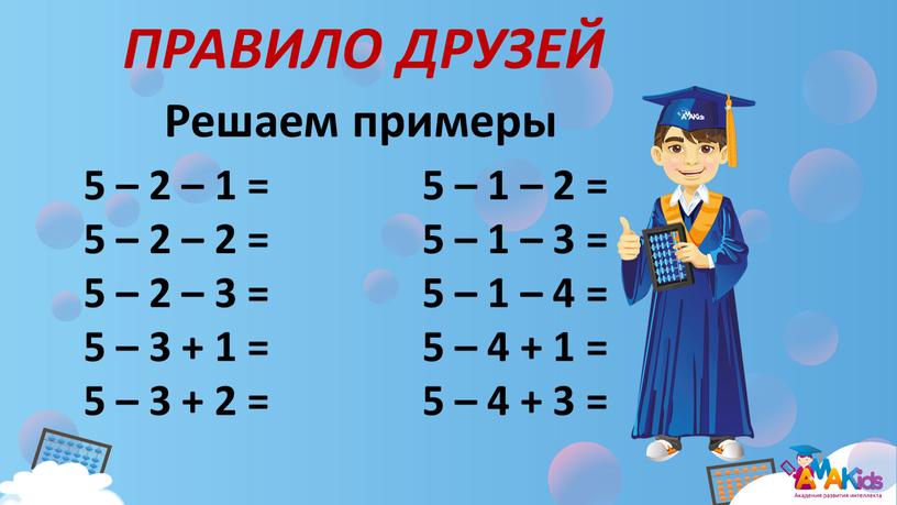 ПРАВИЛО ДРУЗЕЙ Решаем примеры 5 – 2 – 1 = 5 – 1 – 2 = 5 – 2 – 2 = 5 – 1…