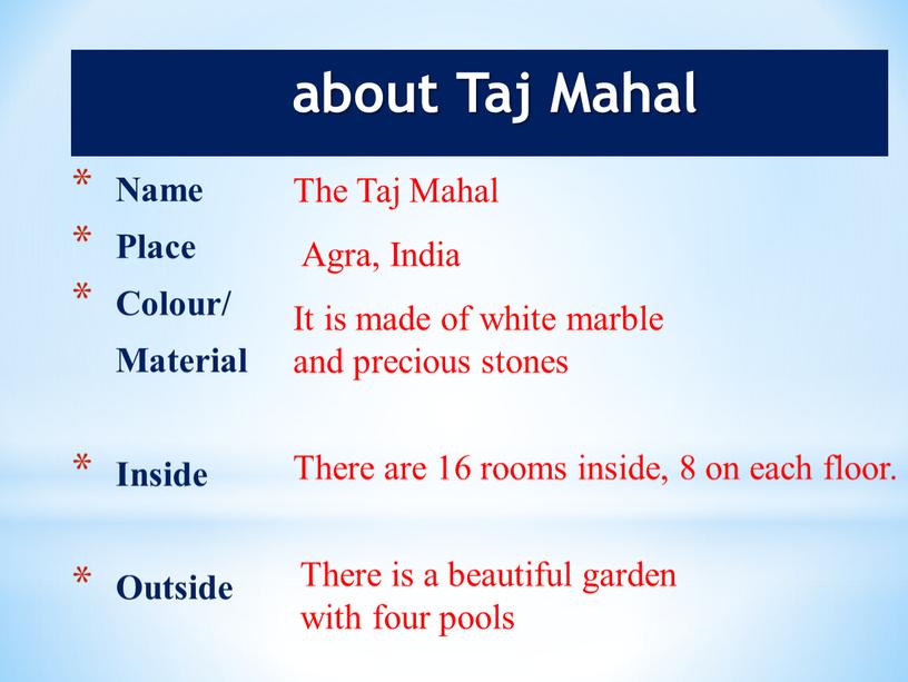 Taj Mahal Name Place Colour/