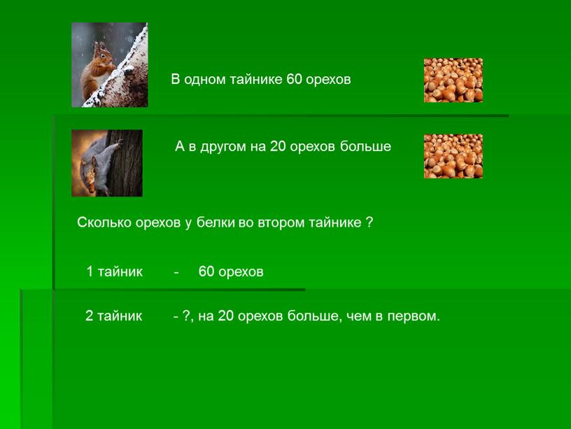 В одном тайнике 60 орехов А в другом на 20 орехов больше