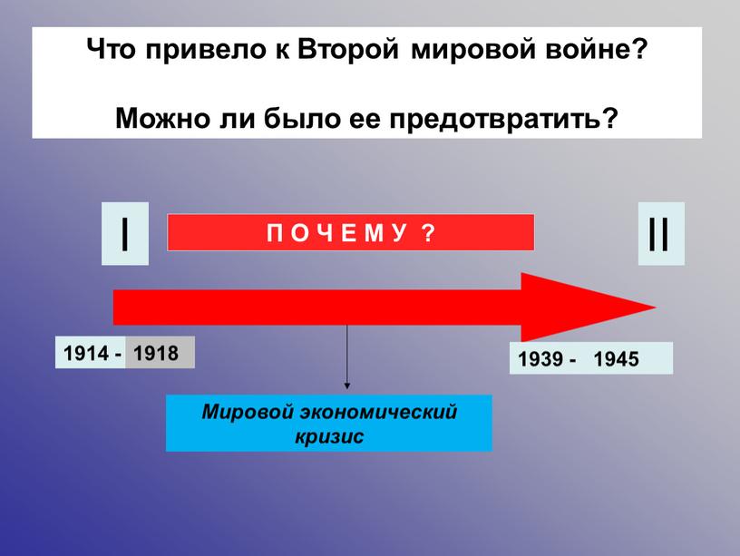 I II 1914 - 1939 - 1918 1945 Мировой экономический кризис
