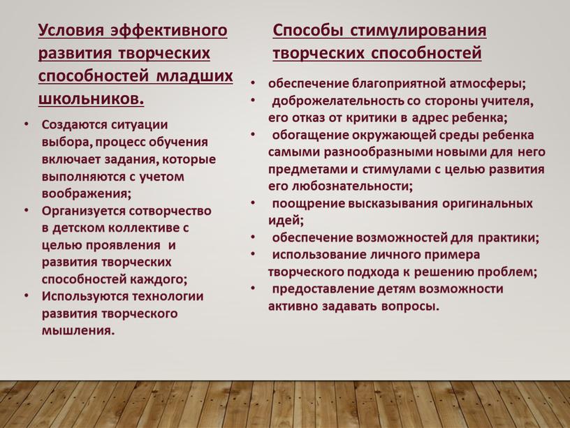 Условия эффективного развития творческих способностей младших школьников