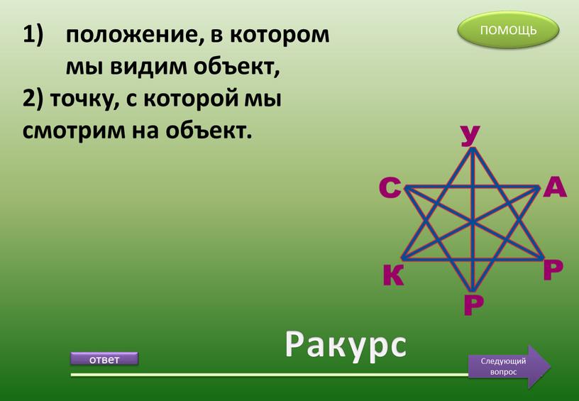 Ракурс положение, в котором мы видим объект, 2) точку, с которой мы смотрим на объект