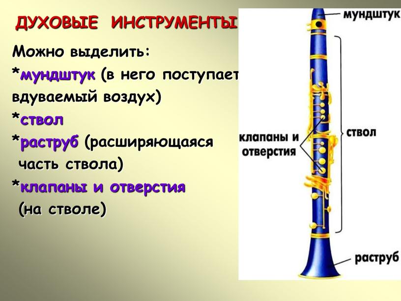 ДУХОВЫЕ ИНСТРУМЕНТЫ Можно выделить: *мундштук (в него поступает вдуваемый воздух) *ствол *раструб (расширяющаяся часть ствола) *клапаны и отверстия (на стволе)