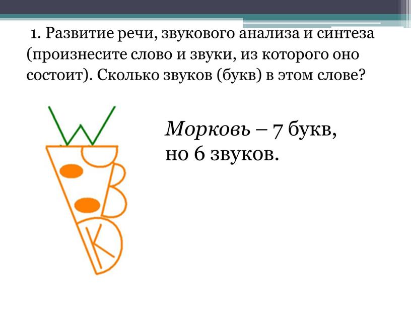 Развитие речи, звукового анализа и синтеза (произнесите слово и звуки, из которого оно состоит)