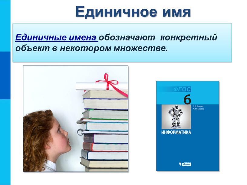 Единичные имена обозначают конкретный объект в некотором множестве