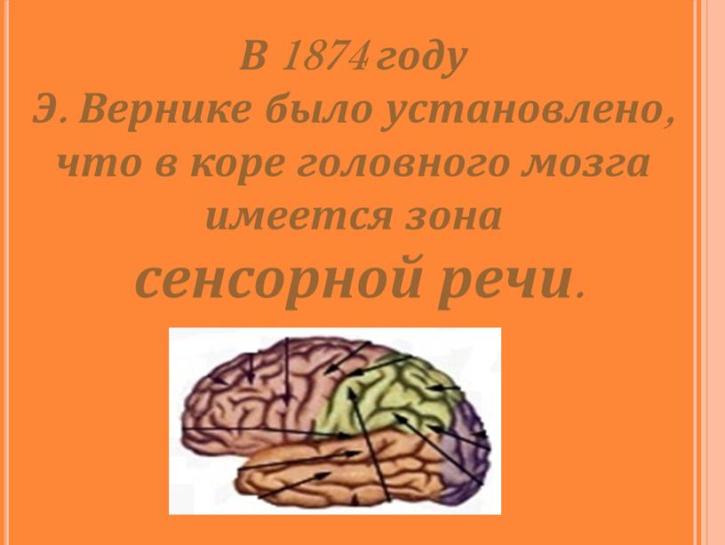 В 1874 году Э. Вернике было установлено, что в коре головного мозга имеется зона сенсорной речи