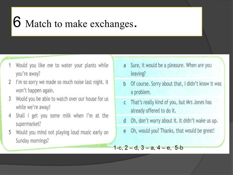 Match to make exchanges. 1-с, 2 – d, 3 – a, 4 – e, 5-b