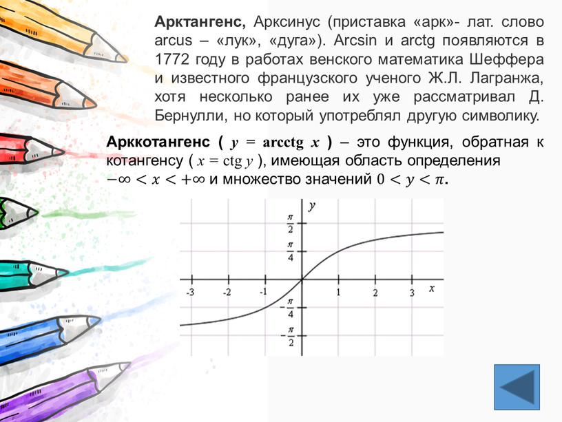 Арктангенс, Арксинус (приставка «арк»- лат