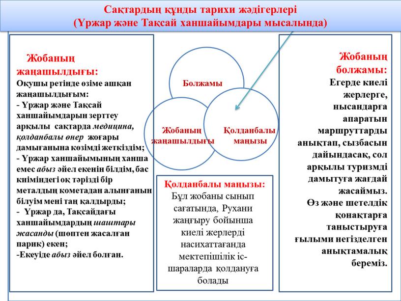 Жобаның жаңашылдығы Болжамы Сақтардың құнды тарихи жәдігерлері (Үржар және