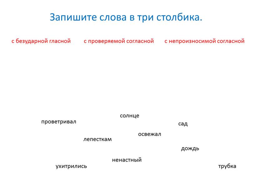 Запишите слова в три столбика. с безударной гласной с проверяемой согласной с непроизносимой согласной проветривал солнце сад освежал лепесткам дождь ухитрились ненастный трубка