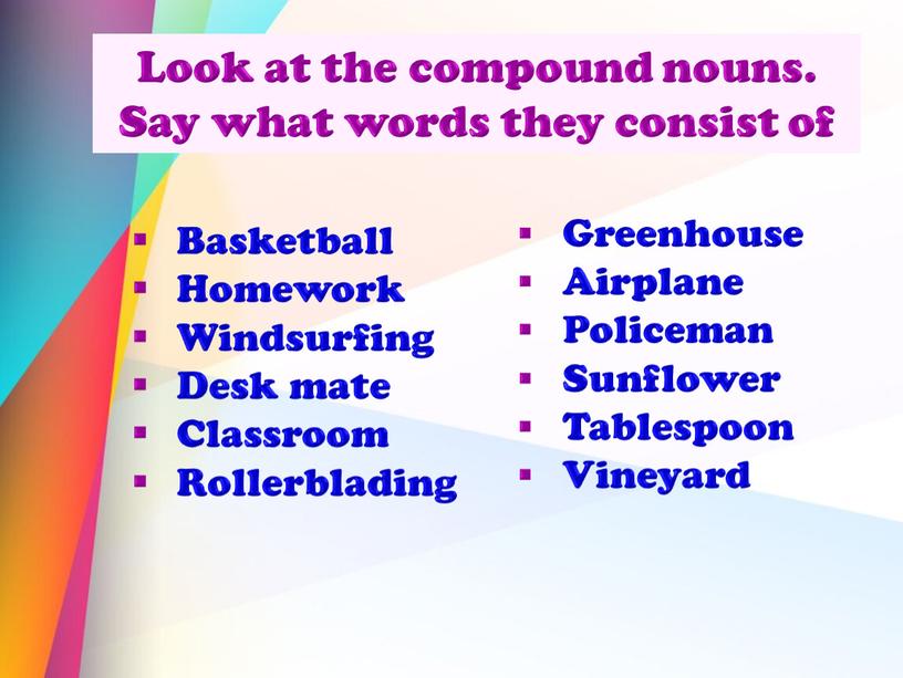 Look at the compound nouns. Say what words they consist of