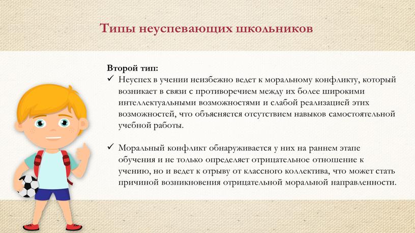 Второй тип: Неуспех в учении неизбежно ведет к моральному конфликту, который возникает в связи с противоречием между их более широкими интеллектуальными возможностями и слабой реализацией…