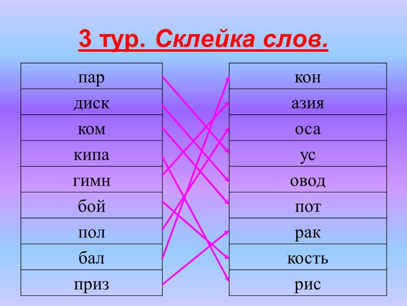 Склейка слов. пар диск ком кипа гимн бой пол бал приз кон азия оса ус овод пот рак кость рис