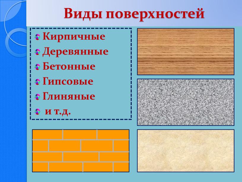 Виды поверхностей Кирпичные Деревянные