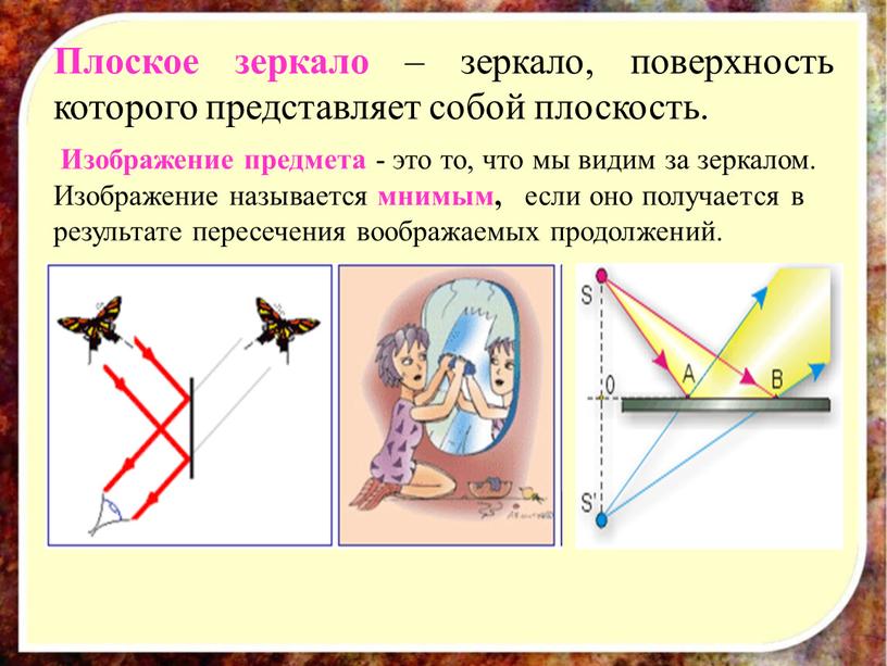 Плоское зеркало – зеркало, поверхность которого представляет собой плоскость