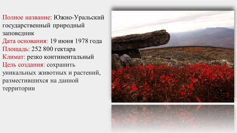 Полное название: Южно-Уральский государственный природный заповедник
