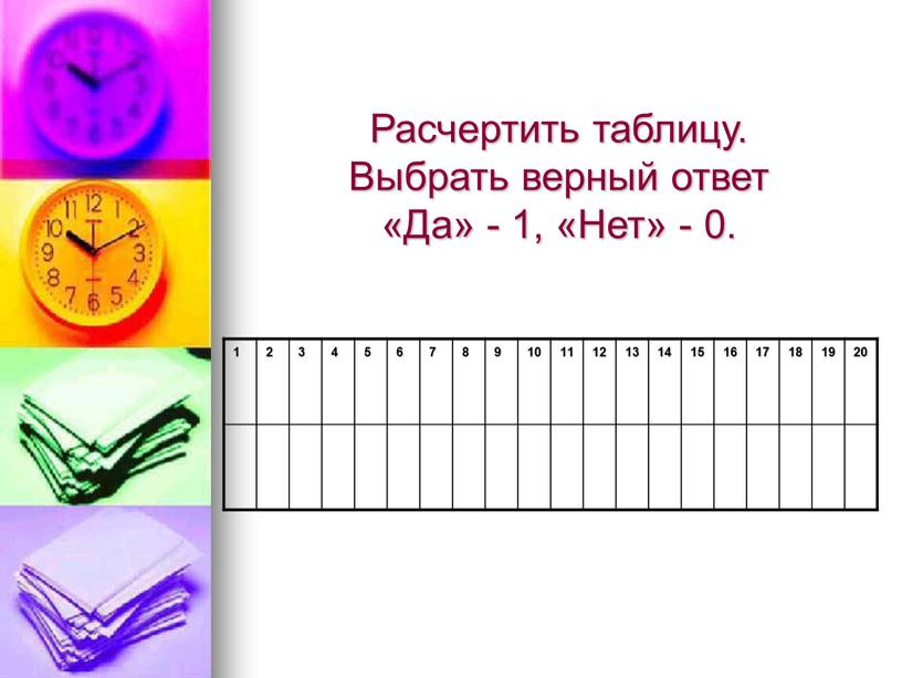 Расчертить таблицу. Выбрать верный ответ «Да» - 1, «Нет» - 0