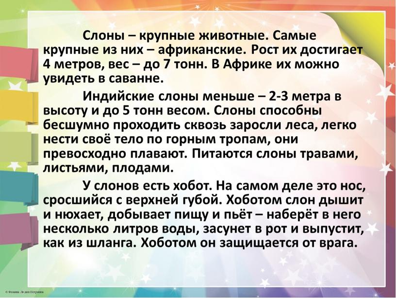 Слоны – крупные животные. Самые крупные из них – африканские