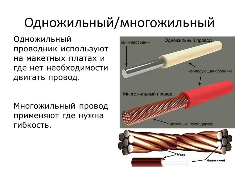 Одножильный/многожильный Одножильный проводник используют на макетных платах и где нет необходимости двигать провод