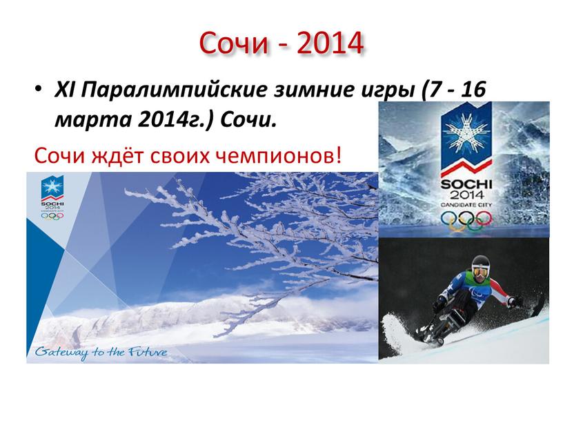 Сочи - 2014 XI Паралимпийские зимние игры (7 - 16 марта 2014г