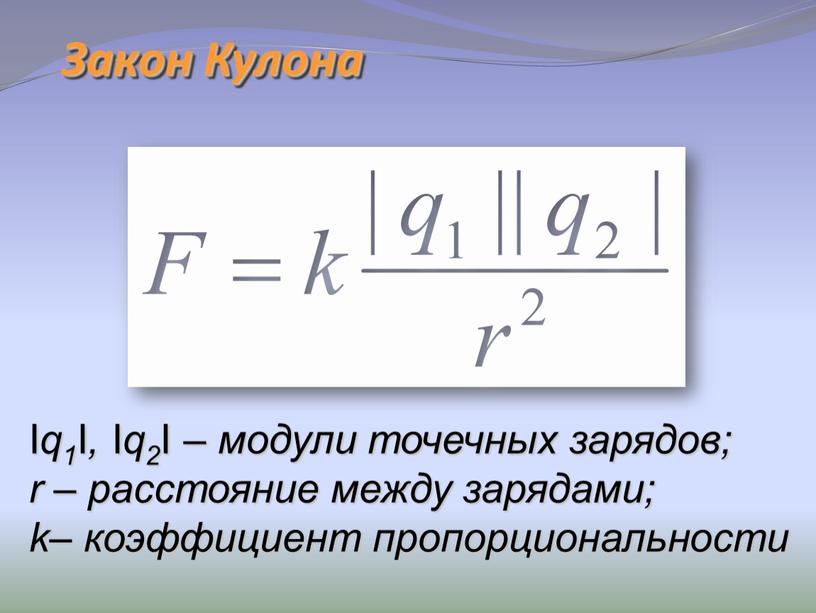 Закон Кулона I q1 I , I q2 I – модули точечных зарядов; r – расстояние между зарядами; k– коэффициент пропорциональности
