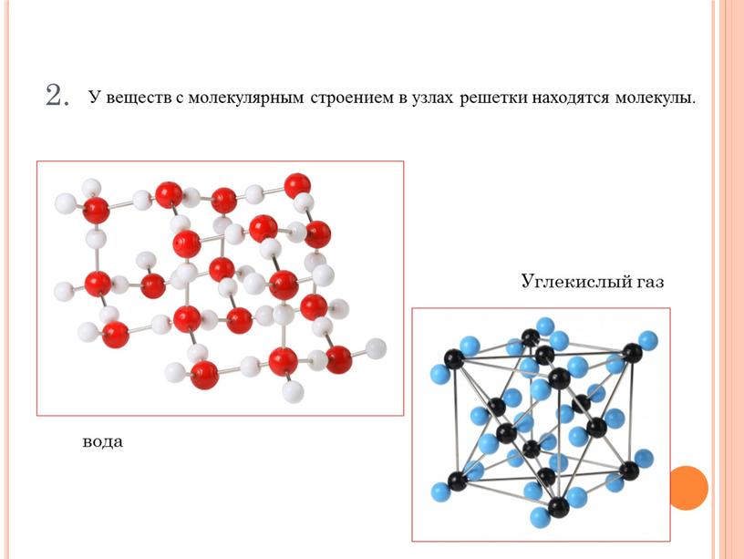 Углекислый газ У веществ с молекулярным строением в узлах решетки находятся молекулы