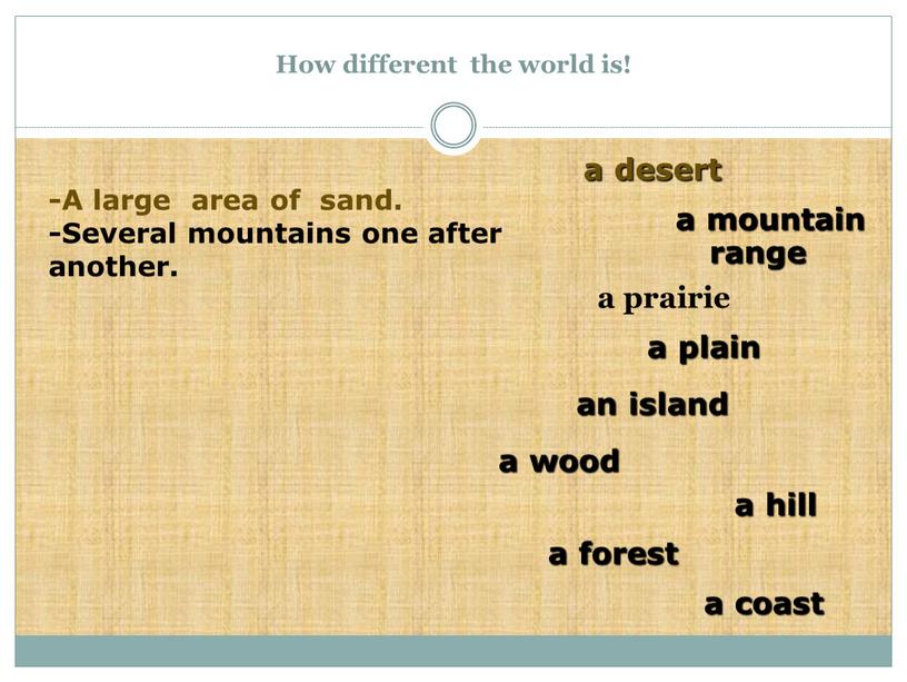 How different the world is! a prairie a coast a desert an island a plain a hill a mountain range a forest a wood -A…