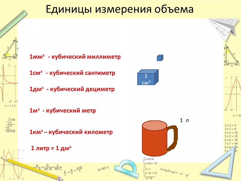 Единицы измерения объема 1ммз - кубический миллиметр 1смз - кубический сантиметр 1дмз - кубический дециметр 1мз - кубический метр 1кмз – кубический километр 1 литр…