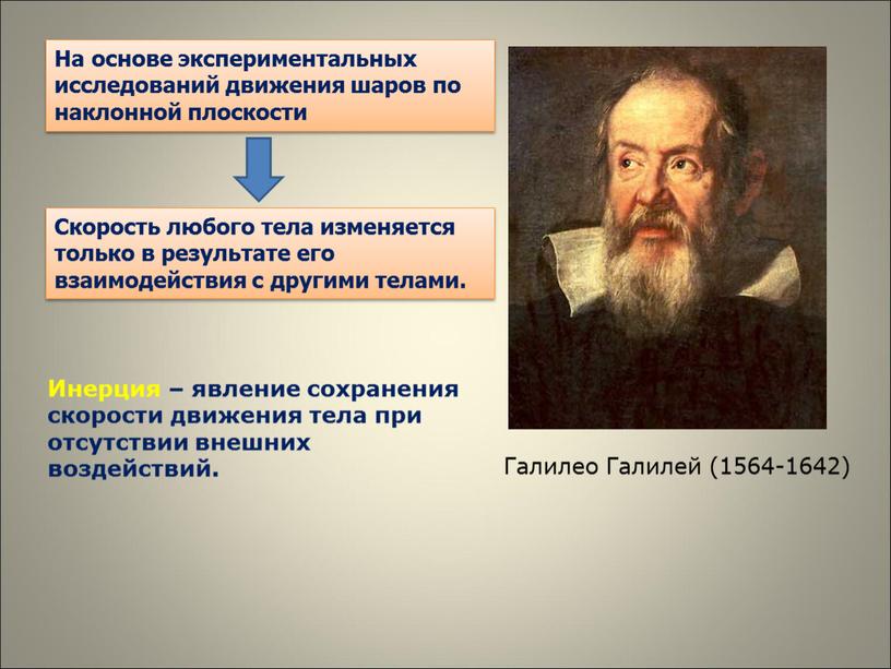 Галилео Галилей (1564-1642) На основе экспериментальных исследований движения шаров по наклонной плоскости