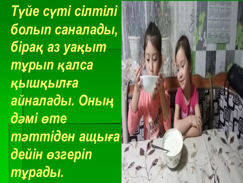 Түйе сүті сілтілі болып саналады, бірақ аз уақыт тұрып қалса қышқылға айналады