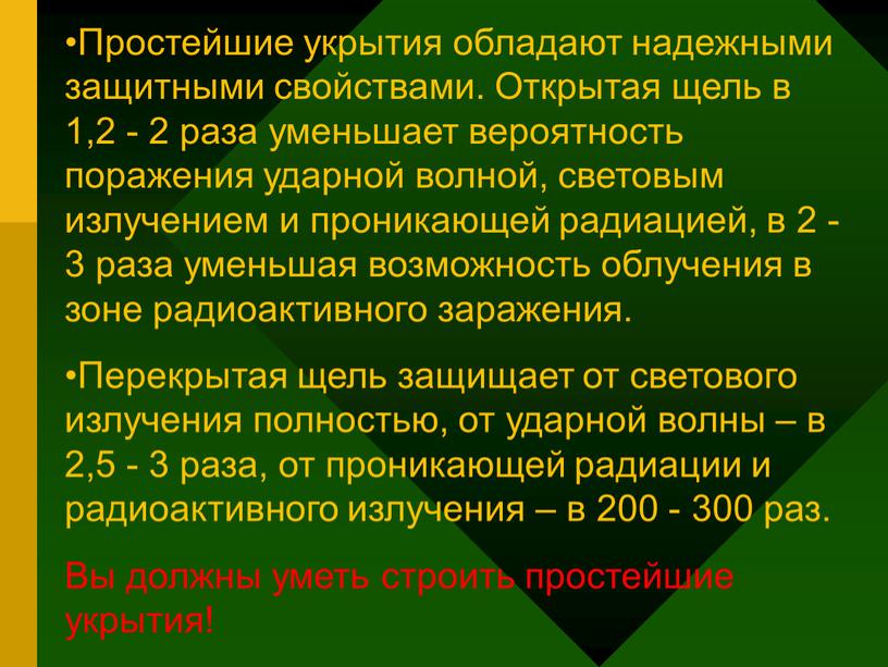 Простейшие укрытия обладают надежными защитными свойствами